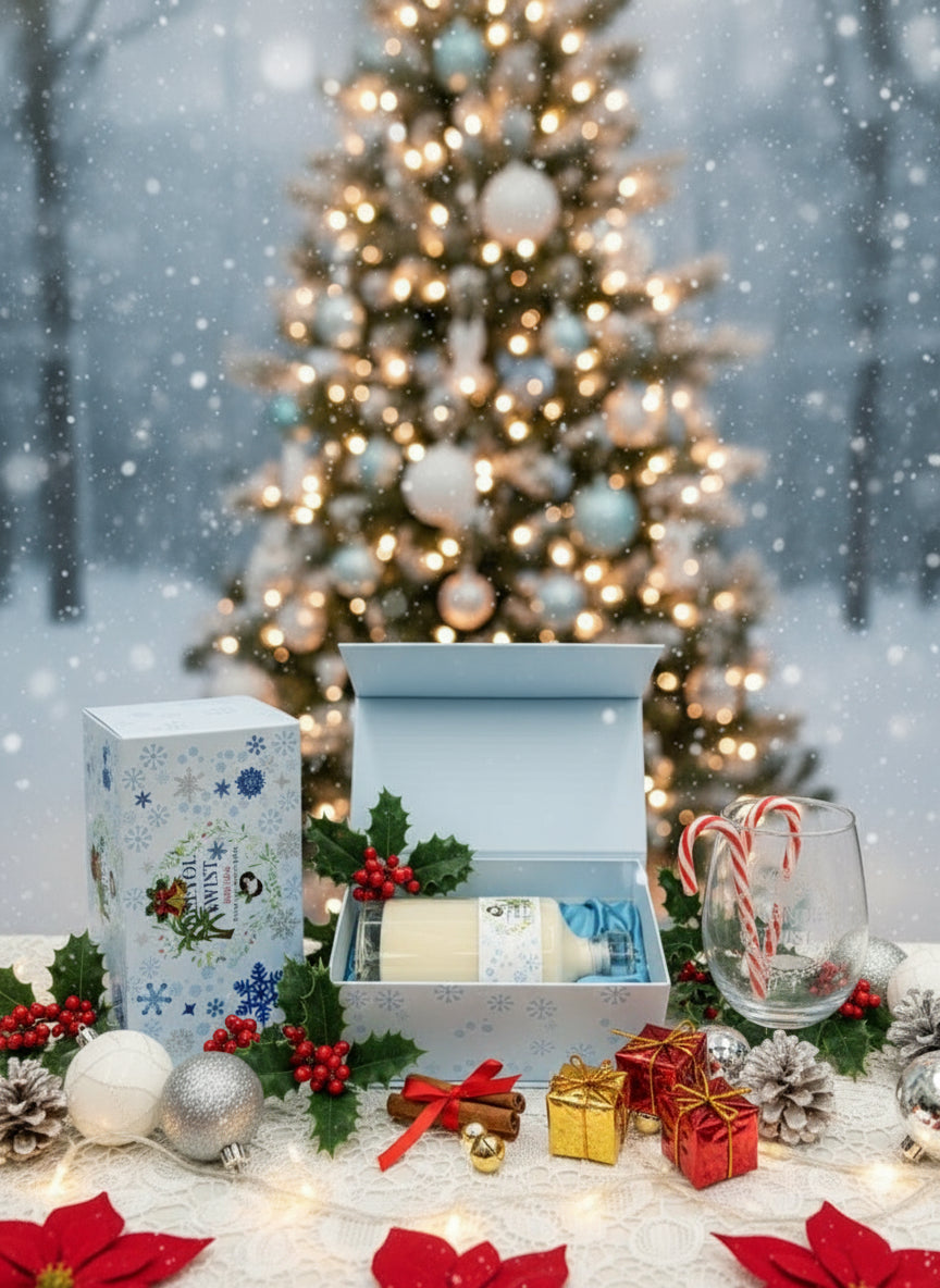 Gift set with a candle in a decorative box in front of a Christmas tree