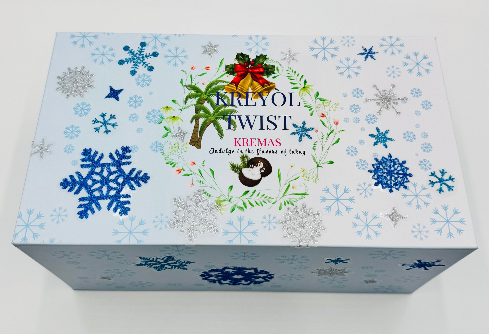 Kreyól Twist Decorative box with snowflake patterns and colorful design on a white background