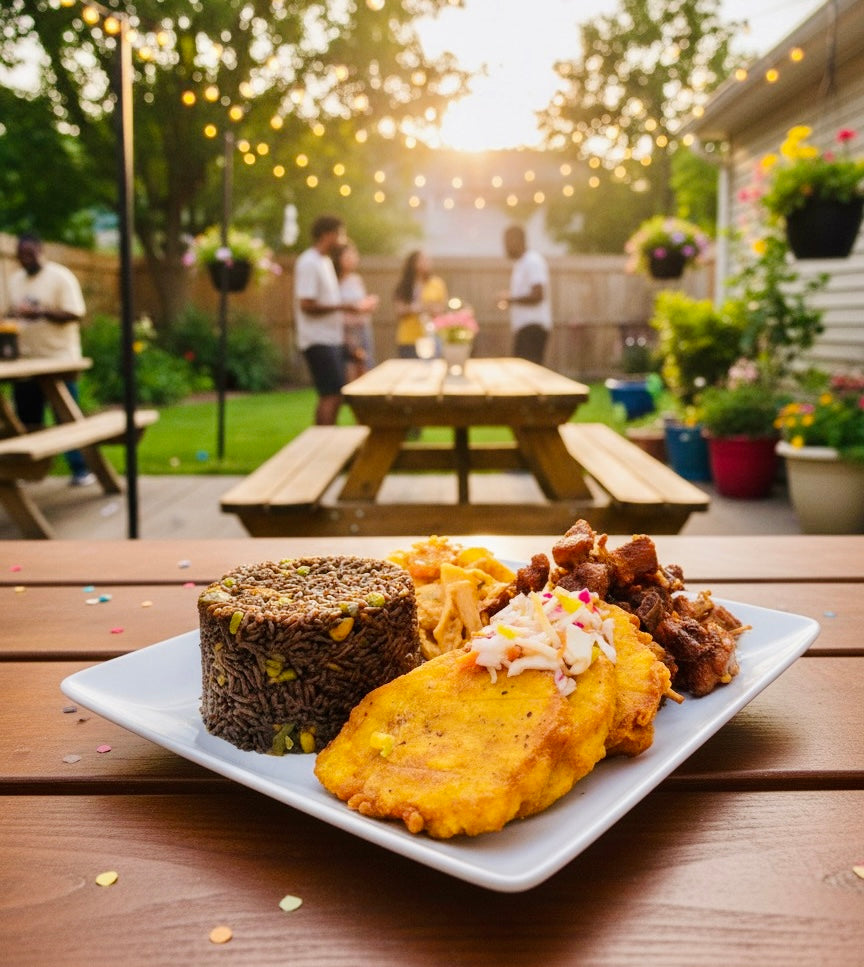 Plated food on a wooden table with a garden party in the background